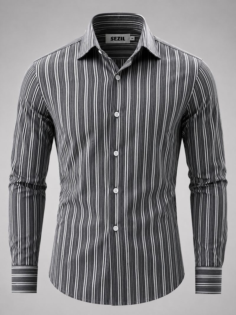 Camisa social listrada grafite e branca