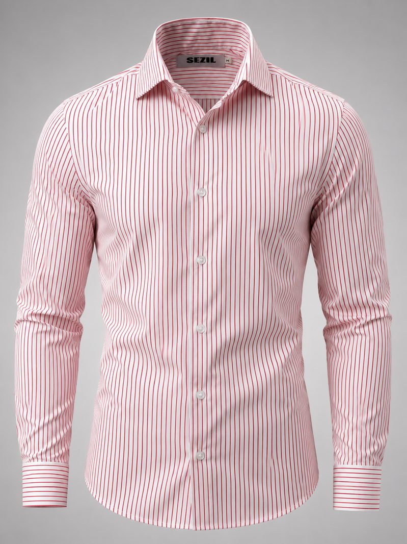 Camisa social listrada vermelha e branca
