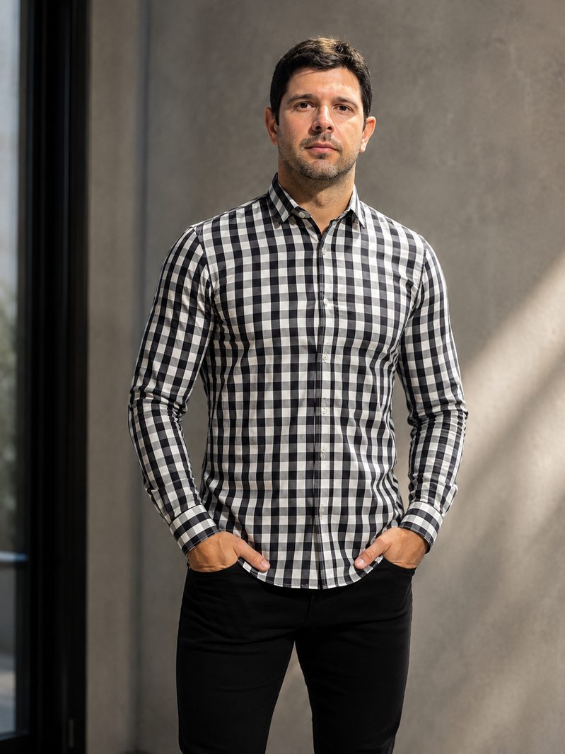 Camisa social vichy preta e branca, modelagem slim