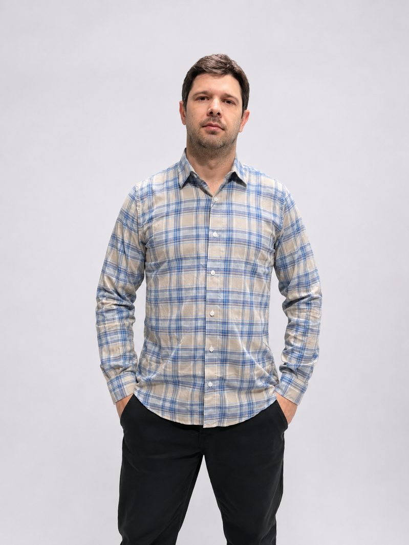 Camisa social xadrez azul e bege