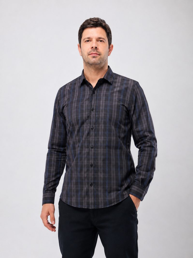 Camisa social xadrez grafite e azul